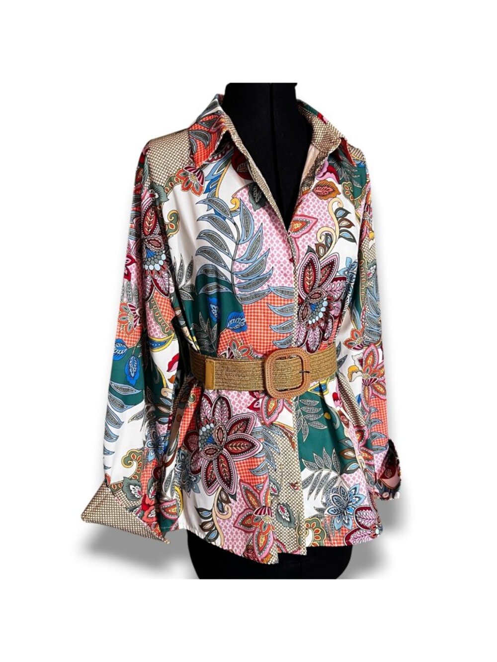 Floral Print Button-Up Blouse With  Natural Stretch Belt M
